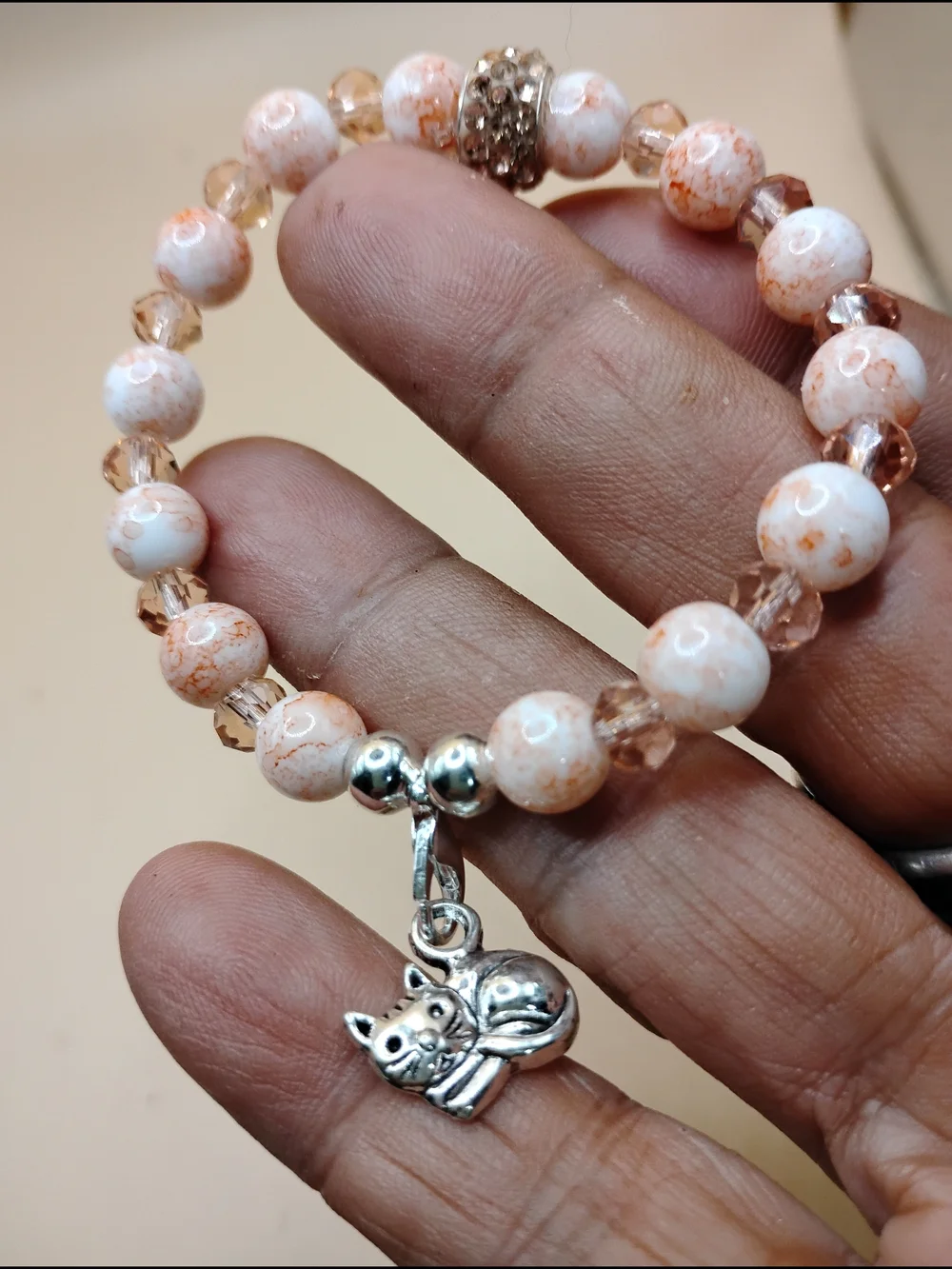 Peach & White Beaded Stretch Bracelet with Cat Charm